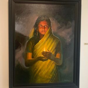 A painting of a hindu woman holding a candle and protecting it with her hand