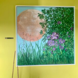 A painting of the sun and greenery with purple flowers